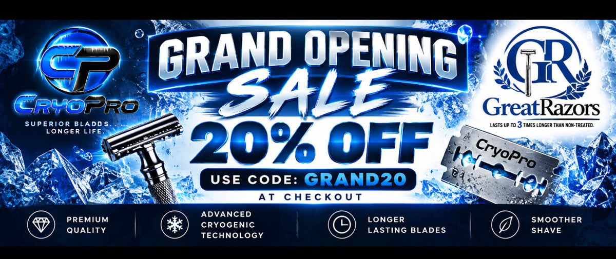 A promotional sale banner for CryoPro and GreatRazors razors, featuring large text reading 'Grand Opening Sale 20% Off' with a discount code, product imagery, and feature icons on a dark icy blue background.